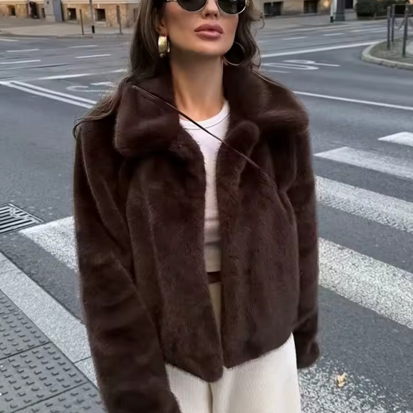 Women Faux Fur Coat, Mink Fur Integrated Short Stand Collar - Picture 2 of 13